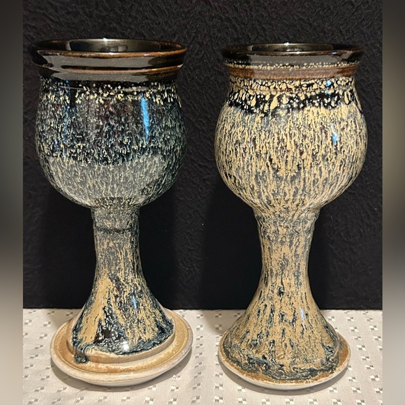 2 Hand Thrown Stoneware Studio Pottery Pedestal Chalice Cup Goblet Blue Brown - Picture 9 of 9